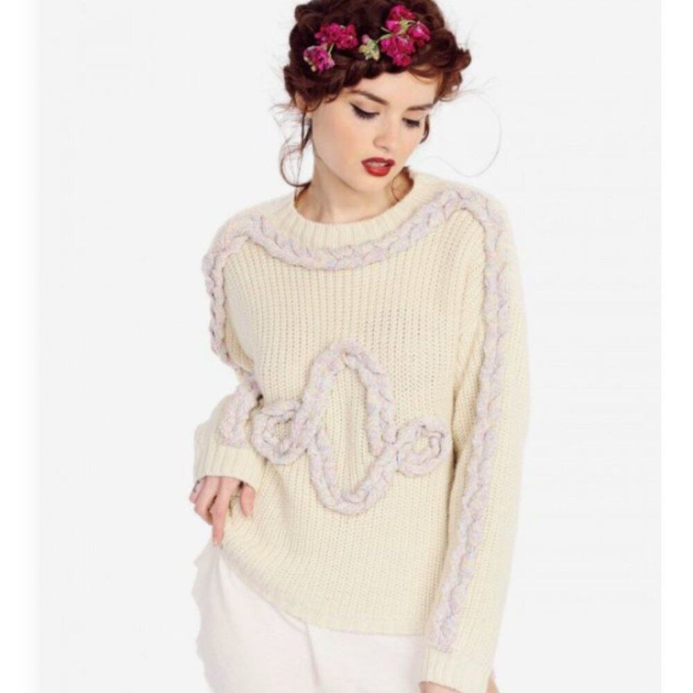 Wildfox Oversized Cable Party Braided Sweater Cream Pastel Rainbow Small